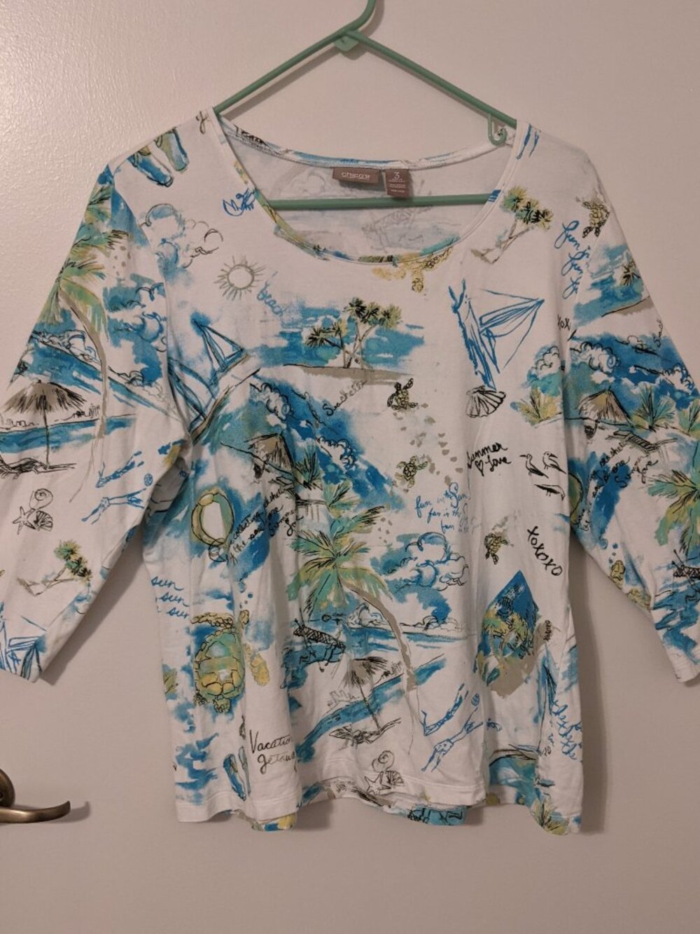 Chicos Size L Top Beach Print 3/4 Sleeve Cotton Stretch Coastal Vacation Artsy